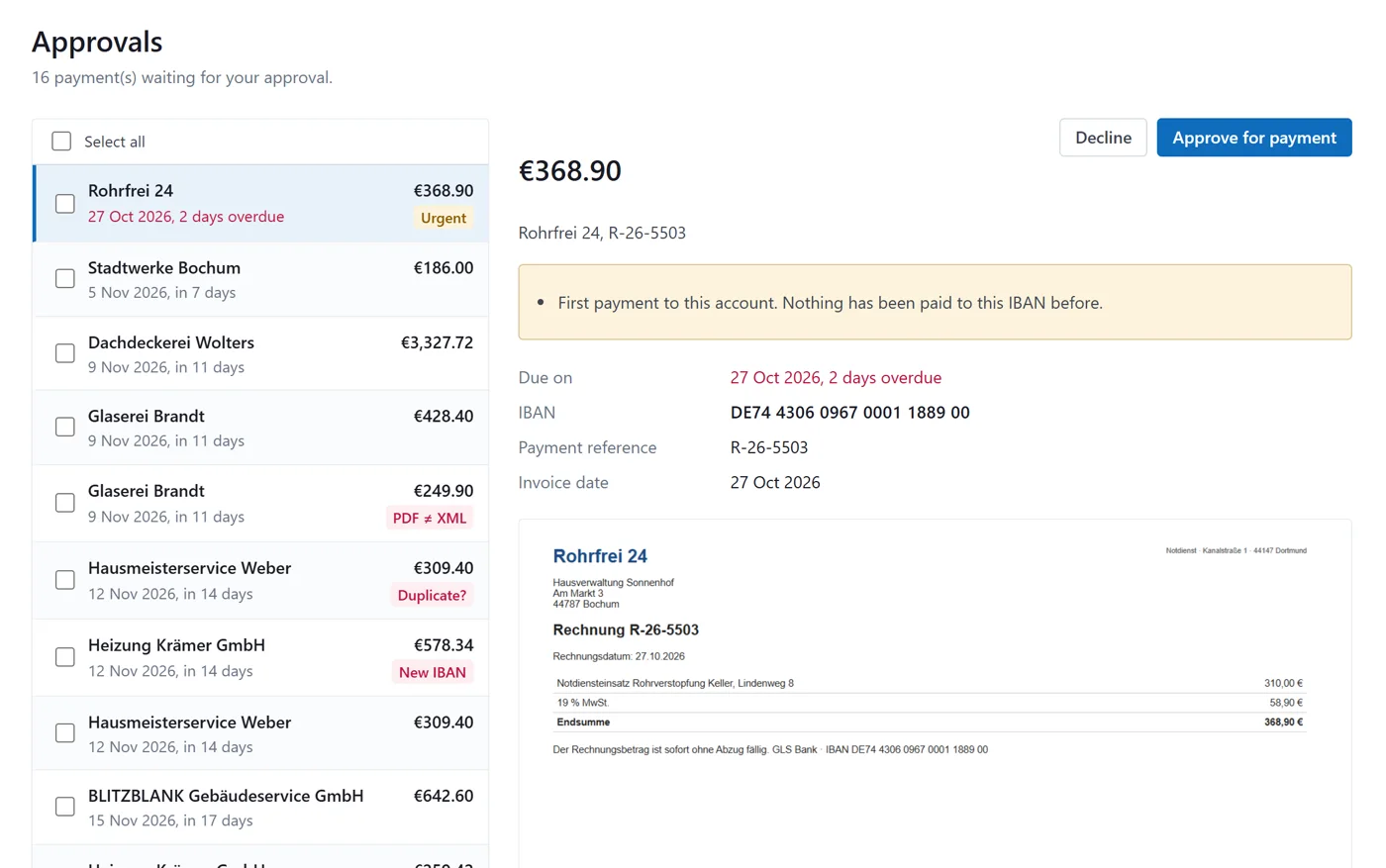 Approval list with invoice preview