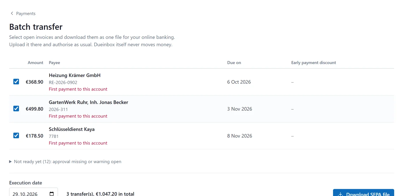 Choosing invoices for a batch transfer