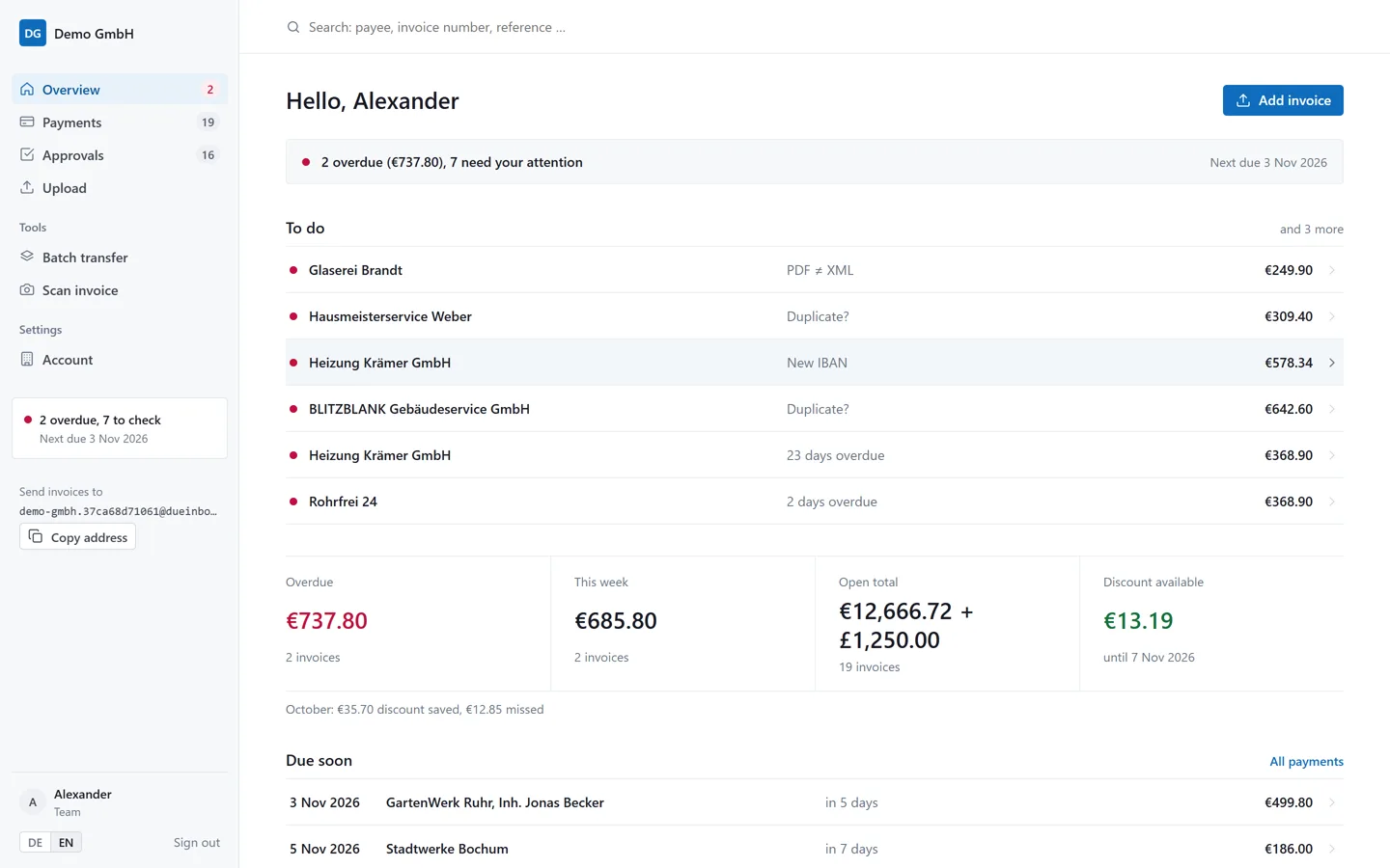 Overview in Dueinbox: overdue and upcoming invoices, discounts and items to check